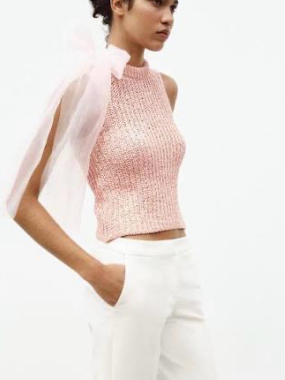 New with tags! Zara Pink Knit Top With Organza Bow - Picture 2 of 3